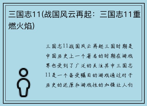 三国志11(战国风云再起：三国志11重燃火焰)
